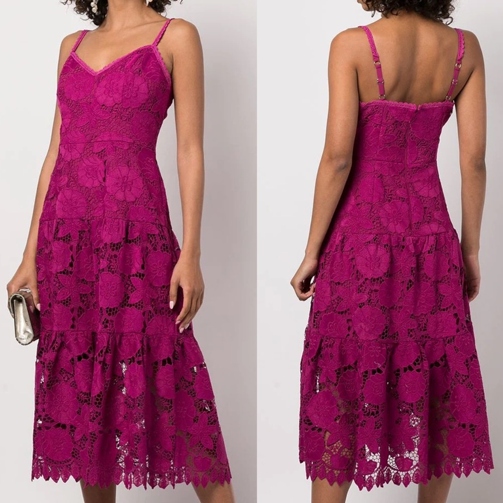 ✨ Marchesa Notte 3D Floral Eyelet Midi Dress in Magenta ✨